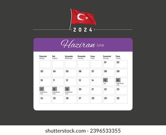 Turkey calendar 2024 year. Vector Design Template