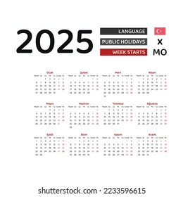 Turkey Calendar 2025. Week starts from Monday. Vector graphic design. Turkish language.