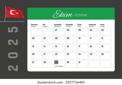 Turkey calendar 2025 year. Vector Design Template.