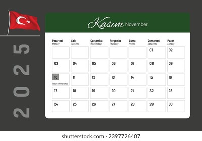 Turkey calendar 2025 year. Vector Design Template.