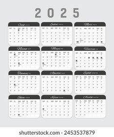 Turkey calendar 2025 year. Vector Design Template.