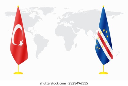 Turkey and Cape Verde flags for official meeting against background of world map.