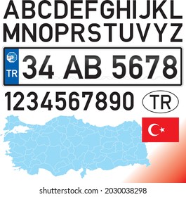 Turkey car license plate, letters, numbers and symbols, european and asiatic country, vector illustration