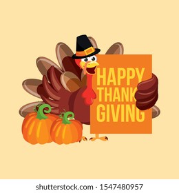 turkey carton with pumpkins and happy thanksgiving poster. vector illustration