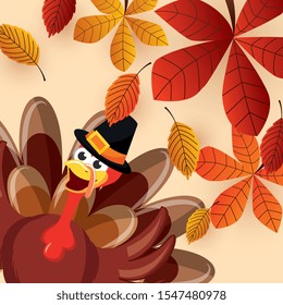 turkey cartoon with autumn leaves falling close up. vector illustration