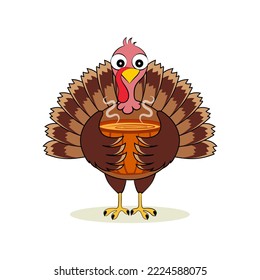 Turkey cartoon characte holds pumpkin. Thanksgiving Day. Thanksgiving bird