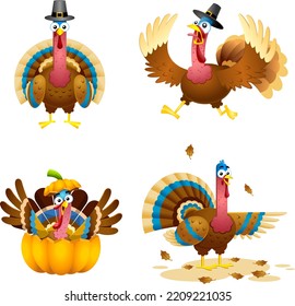 Turkey Cartoon Characters  Flat Design. Vector Collection Set Isolated On Transparent Background