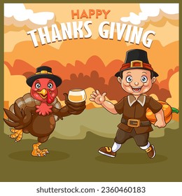 Turkey cartoon and cute little children celebrating thanksgiving
