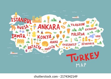 Turkey cartoon map flat hand drawn vector illustration. City names lettering and landmarks, tourist attractions cliparts. Travel, trip comic poster, banner concept design