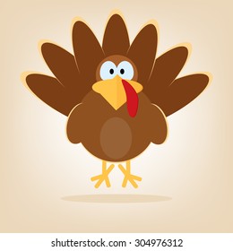 Turkey in cartoon style. Funny character Thanksgiving. Happy Thanksgiving funny illustration. Flat style.