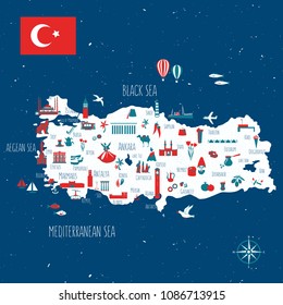 Turkey cartoon travel map vector illustration, landmark Galata tower of Istanbul, Mount Nemrut, Pamukkale, Anitkabir, Selimiye mosque, Izmir clock tower, library of Celsus, turkish symbol Trojan horse