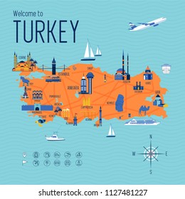 Turkey cartoon travel map vector illustration with landmarks and cities, roadmap.. Postcard concept with the most interesting place for visit. Business travel and tourism concept clipart, icons.