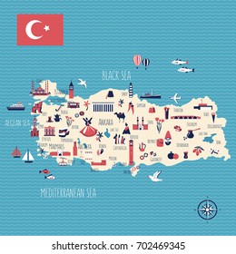 Turkey cartoon travel map vector illustration, landmark Galata tower, Mount Nemrut, Anitkabir, Selimiye mosque, Izmir clock tower, library of Celsus