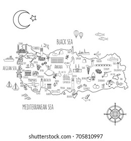 Turkey cartoon travel map vector illustration, landmark Galata tower, Mount Nemrut, Anitkabir, Selimiye mosque, Izmir clock tower, library of Celsus, turkish symbol Trojan horse, dervish, decor sign