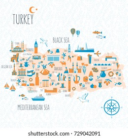Turkey cartoon travel map vector illustration, landmark Galata tower, Mount Nemrut, Anitkabir, Selimiye mosque, Izmir clock tower, library of Celsus, turkish symbol Trojan horse, Istanbul tram icon