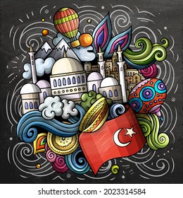 Turkey cartoon vector doodle chalkboard illustration. Colorful detailed composition with lot of Turkish objects and symbols.