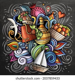 Turkey cartoon vector doodle chalkboard illustration. Colorful detailed composition with lot of Turkish objects and symbols.