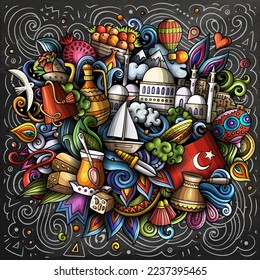 Turkey cartoon vector doodle chalkboard illustration. Colorful detailed composition with lot of Turkish objects and symbols.