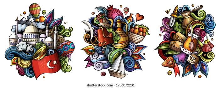 Turkey cartoon vector doodle designs set. Colorful detailed compositions with lot of Turkish objects and symbols. Isolated on white illustrations