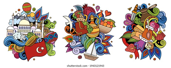 Turkey cartoon vector doodle designs set. Colorful detailed compositions with lot of Turkish objects and symbols. Isolated on white illustrations