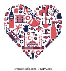 Turkey cartoon vector travel illustration in heart shape, landmark Galata tower, Mount Nemrut, Selimiye mosque, Izmir clock tower, library of Celsus, Istanbul tram, turkish symbol Trojan horse, coffee