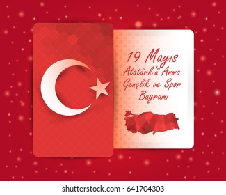 Turkey Celebration Card and Greeting Message Poster, Grunge Background, Badges - English "Commemoration of Ataturk, Youth and Sports Day, May 19"