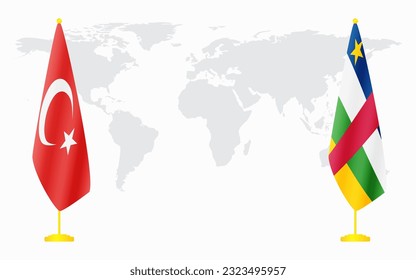 Turkey and Central African Republic flags for official meeting against background of world map.