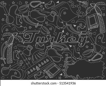 Turkey chalky line art design vector illustration. Separate objects. Hand drawn doodle design elements.