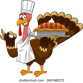 Turkey Chef Cartoon Character Holding Perfect Pie. Vector Illustration Isolated On White Background