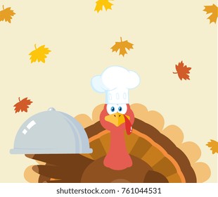 Turkey Chef Cartoon Mascot Character Holding A Cloche Platter. Vector Illustration Flat Design Over Background With Autumn Leaves