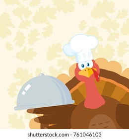 Turkey Chef Cartoon Mascot Character Peeking From A Corner And Holding A Cloche Platter. Vector Illustration Flat Design Over Background With Autumn Leaves