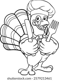 A turkey chef hat Thanksgiving cartoon bird Christmas mascot holding a knife and fork