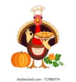Turkey chef and pumpkin pie. Vector Illustration.