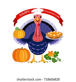 Turkey chef and pumpkin pie. Vector Illustration.
