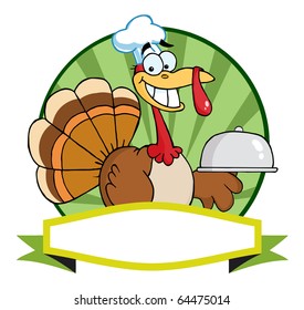 Turkey Chef Serving A Platter Blank Green Banner