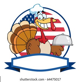 Turkey Chef Serving A Platter Over A Circle And Blank Banner In Front Of Flag Of USA