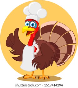 Turkey in a chefs hat shows class on a white background. Thanksgiving day.