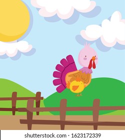 turkey chicken fence hill field sun farm animal cartoon vector illustration