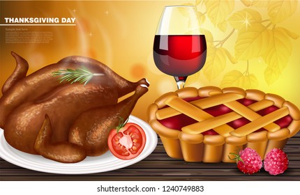 Turkey or chicken hot meat Vector realistic. Wine glass detailed illustration