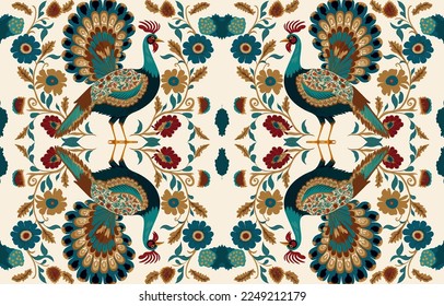 Türkei Hühnerphaasant Pfau Gewebe nahtlos Muster. Abstrakter Stoff Textil Linie Grafik antiker Stil. Ethnische Vektorgrafik verziert elegante Vintage Retro-Design. Kunstdruck auf Bekleidungshintergrund