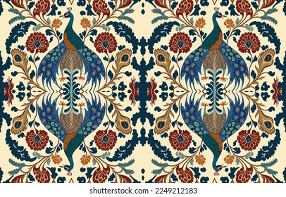 Turkey chicken pheasant peacock fabric seamless pattern. Abstract fabric textile line graphic antique style. Ethnic vector ornate elegant luxury vintage retro design. Art print for clothing background