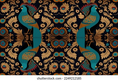 Türkei Hühnerphaasant Pfau Gewebe nahtlos Muster. Abstrakter Stoff Textil Linie Grafik antiker Stil. Ethnische Vektorgrafik verziert elegante Vintage Retro-Design. Kunstdruck auf Bekleidungshintergrund