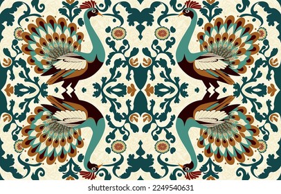 Türkei Hühnerphaasant Pfau Gewebe nahtlos Muster. Abstrakter Stoff Textil Linie Grafik antiker Stil. Ethnische Vektorgrafik verziert elegante Vintage Retro-Design. Kunstdruck auf Bekleidungshintergrund