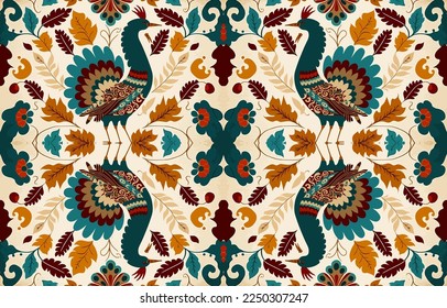 Türkei Hühnerphaasant Pfau Gewebe nahtlos Muster. Abstrakter Stoff Textil Linie Grafik antiker Stil. Ethnische Vektorgrafik verziert elegante Vintage Retro-Design. Kunstdruck auf Bekleidungshintergrund