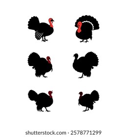 turkey chicken rooster hen poultry animal birds icon set silhouette vector art flat design illustrations