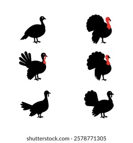 turkey chicken rooster hen poultry animal birds icon set silhouette vector art flat design illustrations