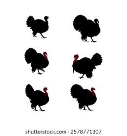 turkey chicken rooster hen poultry animal birds icon set silhouette vector art flat design illustrations