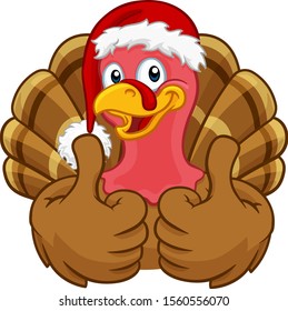 Turkey Christmas or Thanksgiving Holiday cartoon character wearing a Santa Claus hat