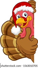 Turkey Christmas or Thanksgiving Holiday cartoon character wearing a Santa Claus hat, peeking around a sign and giving thumbs up