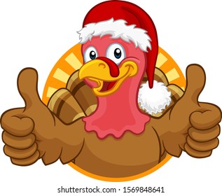 Turkey Christmas or Thanksgiving Holiday cartoon character wearing a Santa Claus hat